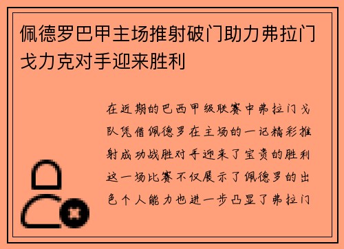 佩德罗巴甲主场推射破门助力弗拉门戈力克对手迎来胜利